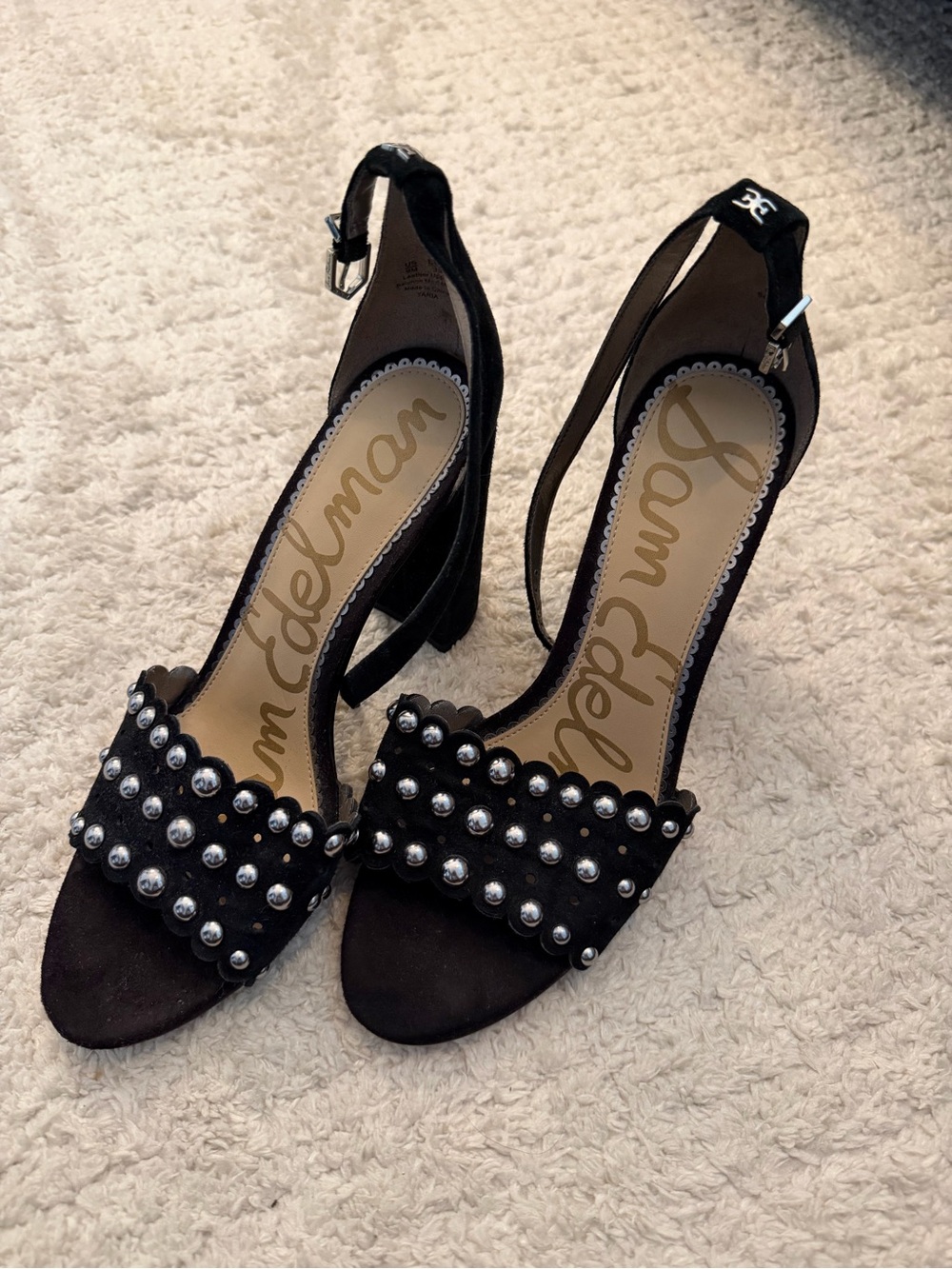 Aria Black Studded Open-Toe Ankle-Strap Heels